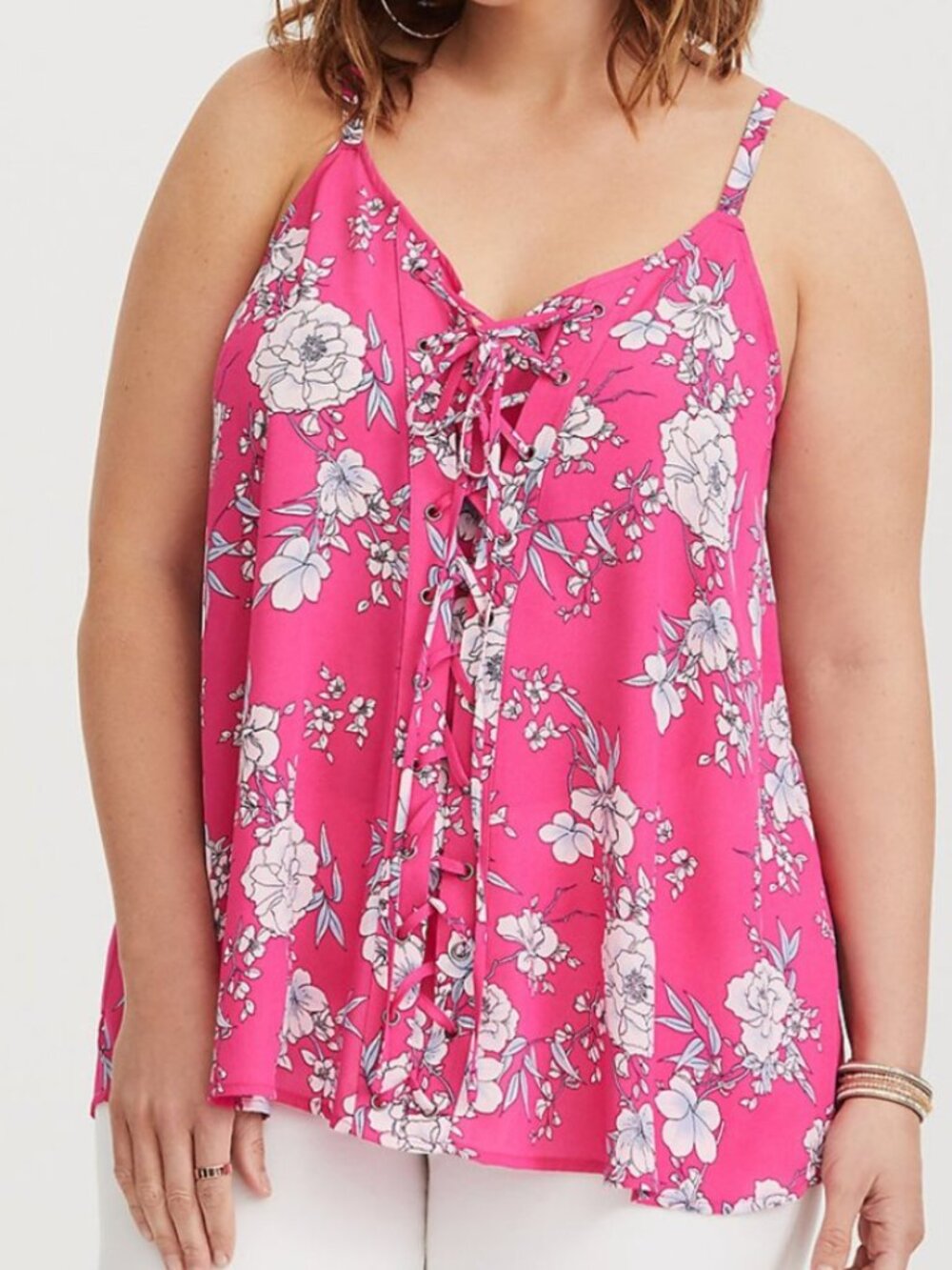 TORRID 2 Plus Size Sophie Georgette Lace Up Swing Cami Pink Floral Coquette Work
